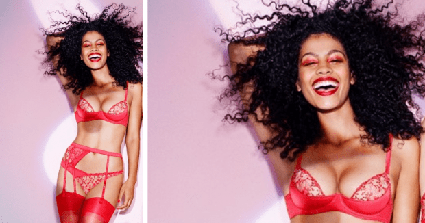 Playboy by Coco de Mer: Kiss Me Red Lace Plunge Bra, Bikini, Thong & Suspender
