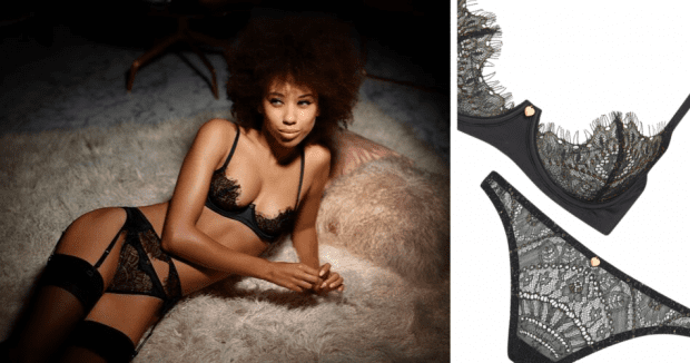 Odyssey Boutique Lingerie, Coco de Mer Playboy Gilded Heart Black and Gold Lace Plunge Bra, Bikini, Thong and Suspender