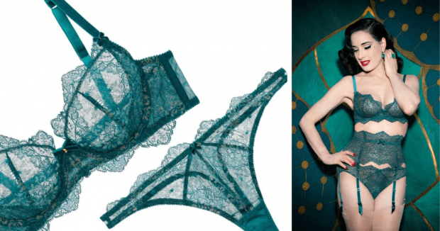 Odyssey Boutique Lingerie, Dita von Teese Lurex Lace Lucite Blue Petrol GreenUnderwired Bra Bikini, Thong and Suspender