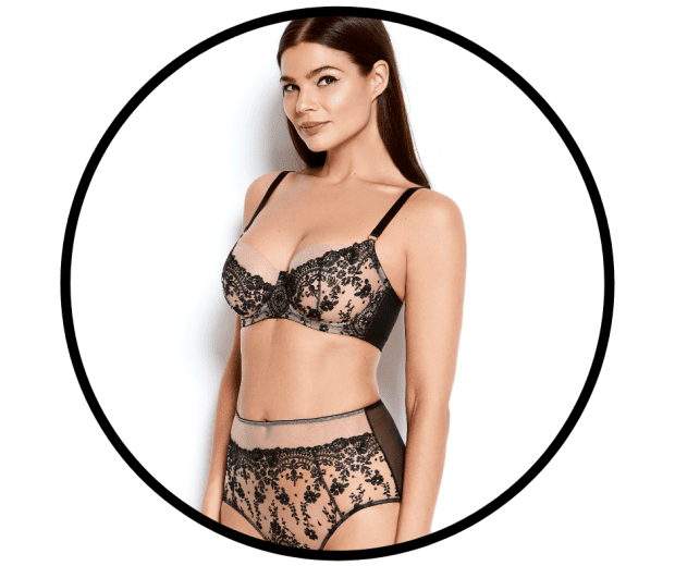 Sarah C Lingerie, Katherine Hamilton intimates, Abrielle Balcony Bra and High Waisted Brief, Black emroidery