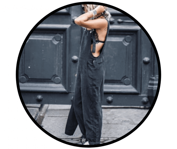 woman wearing soft cup triangle bralette with dungaree jumpsuit