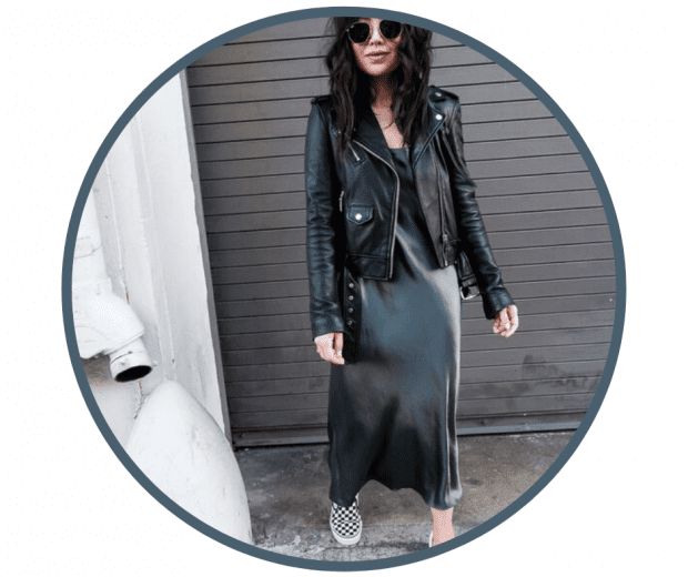 Kate Ogata wearing petrol green silk slip and leather jacket