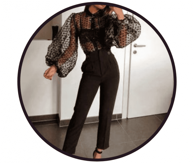 Sheer blouse with black balcony bra and trouser outfit