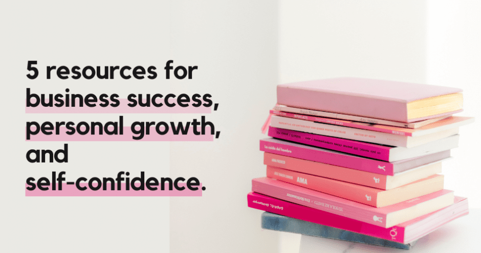 Sarah Connelly, business strategist, pile of pink books. Resources for business success, personal growth, and self-confidence.
