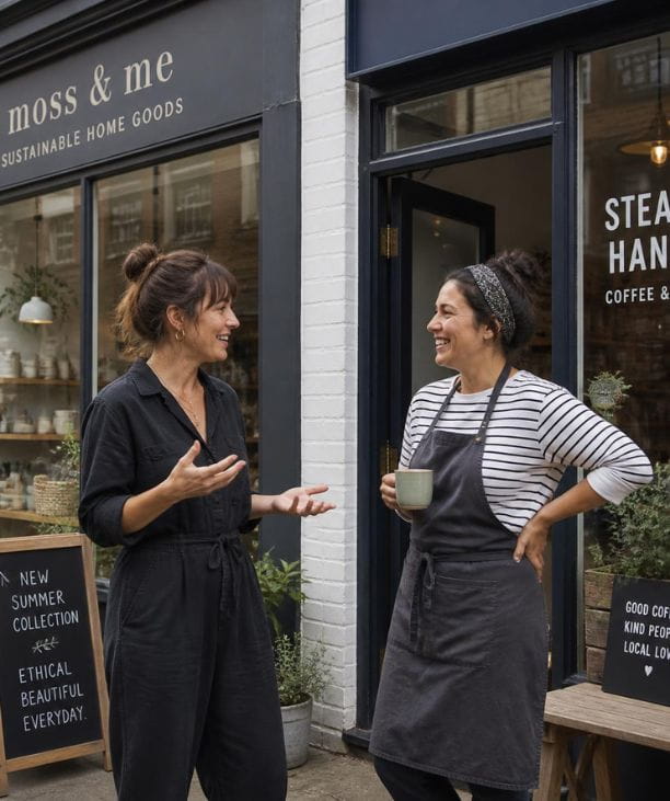 Small business owners building local community partnership on the high street.
