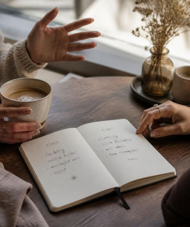 Two people talking through a confident business decision over coffee, HiveMind-style conversation