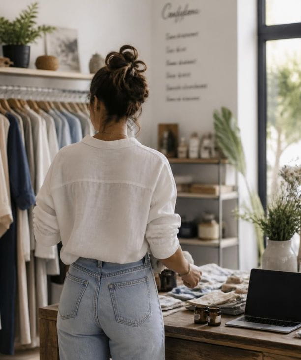 Founder stepping forward with confidence, Edinburgh boutique, moving past decision paralysis