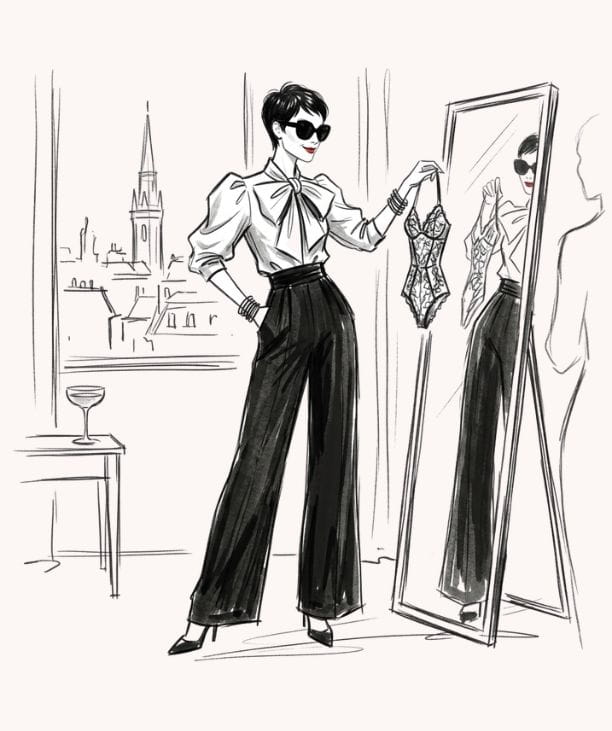 Sarah Connelly luxury lingerie personal shopping experience in London — fashion illustration of personal shopper with client