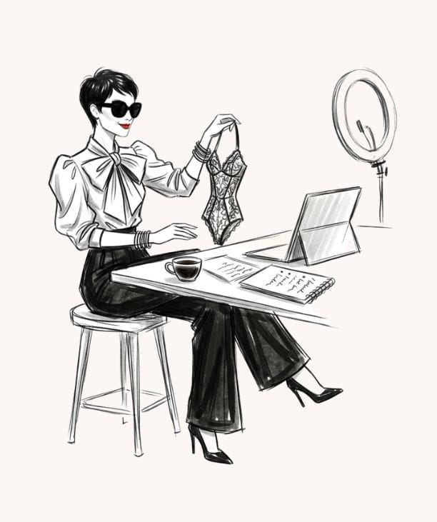 Sarah Connelly virtual luxury lingerie personal shopping — fashion illustration of online fitting session with client via laptop