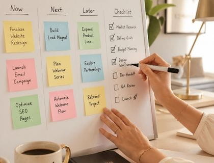 a close-up of a post-it_whiteboard roadmap for small business growth