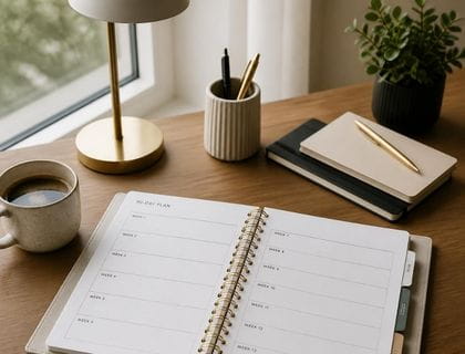 a planner or calendar flatlay marking out a 90-day small business growth plan