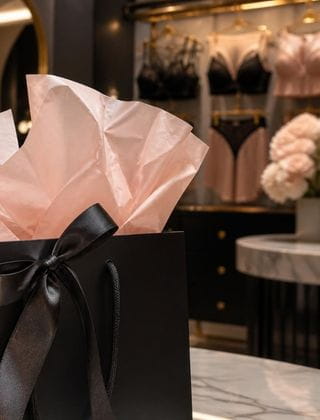 gift bag with a selection of designer lingerie hand-picked by a personal lingerie shopper, luxury london boutique setting
