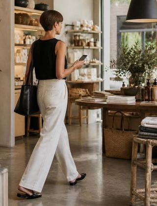 small business growth consultant mid-stride, purposeful, phone in hand